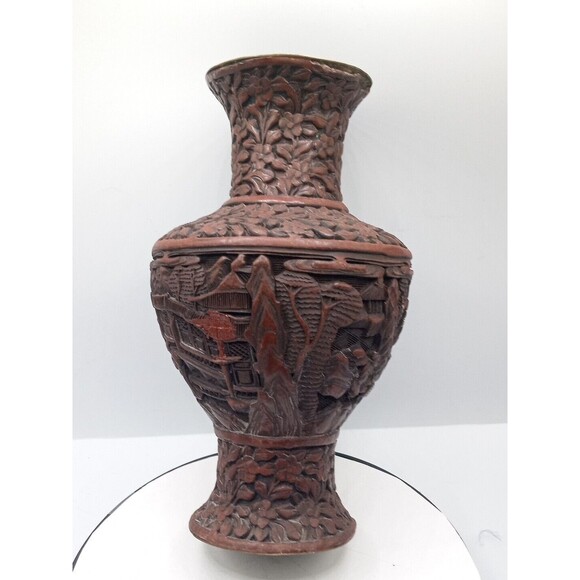 Chinese Cinnabar Vase Carved Super Rare Piece Original Antique 8 1/2" Tall - Picture 3 of 16